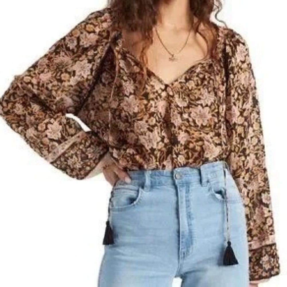 Billabong Sun Fire Printed Boho Peasant Long Sleeve Tassel Tie Top Size S